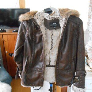 MONTANACO BROWN FAUX LEATHER FUR LINED JACKET-WOMEN'S SIZE SMALL
